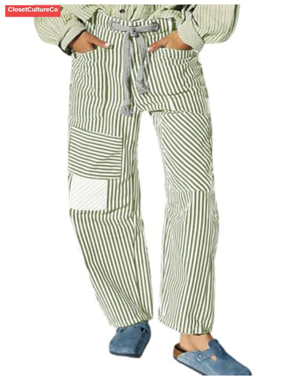 Women's Striped Barrel Jeans Wide Leg Baggy Drawstring Denim Pants